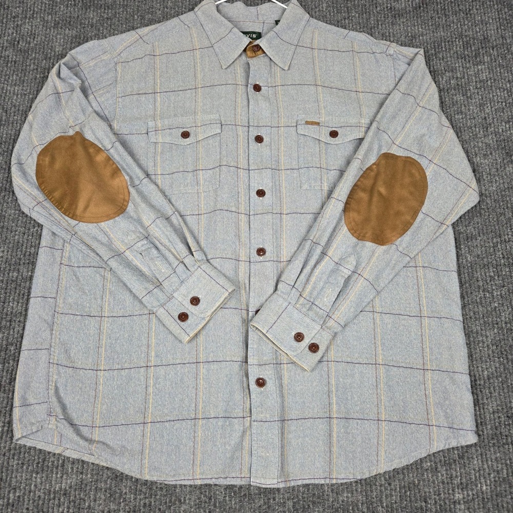 Orvis Fairbanks Mens XL Blue Plaid Flannel Shirt Elbow Patches Classic Fit